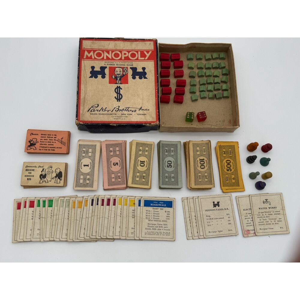 Vintage 1946-51 Parker Brothers Monopoly Game Great shape wood pieces no board - Picture 2 of 12